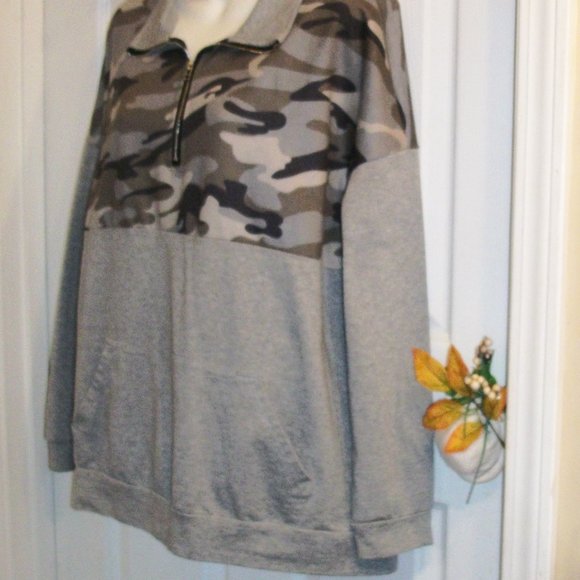 AlvaQ Womens XL Long Sleeve Quarter Zip Sweatshirt Pullover Gray & Army Camo - Picture 4 of 7
